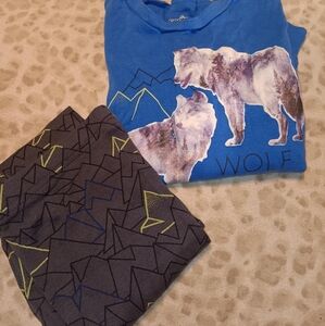 Blue Wolf Graphic T-Shirt and Gray Patterned Pants